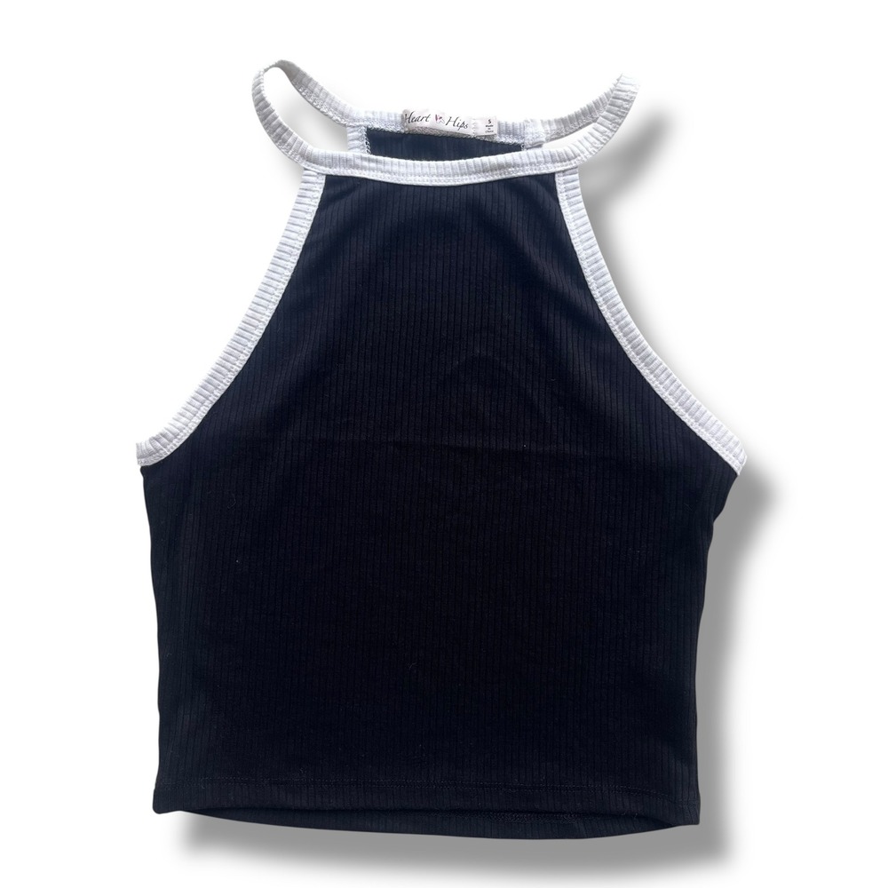 Heart & Hips Small Black White Ribbed Halter Crop Top Ringer Racerback Tank Boho
